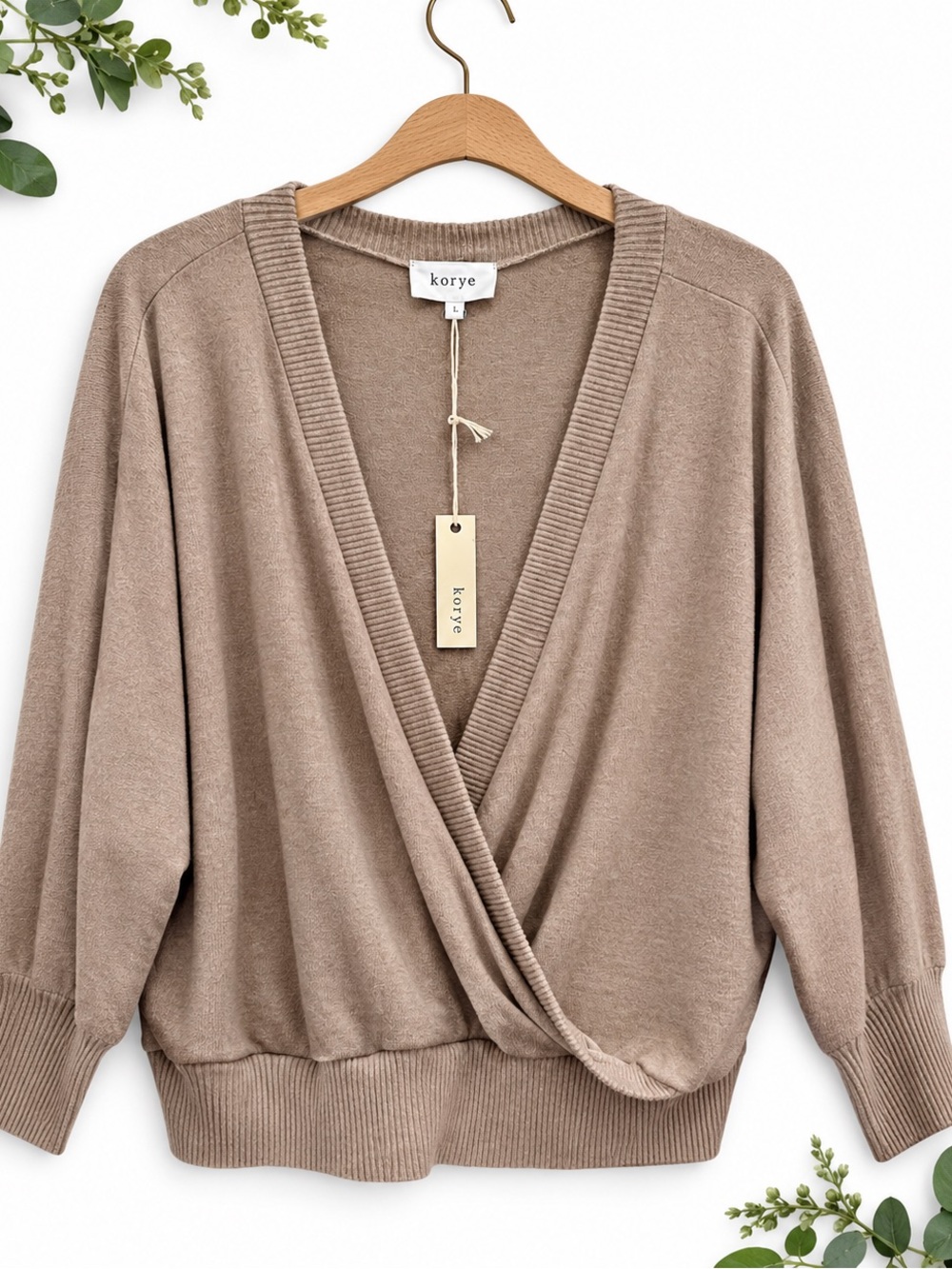 Korye Taupe Wrap Front Women's Sweater